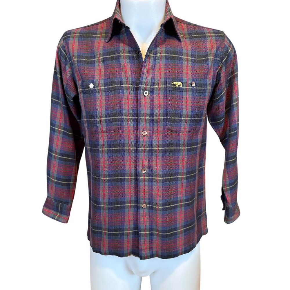 P.A.T men's burgundy and blue plaid collared button down shirt